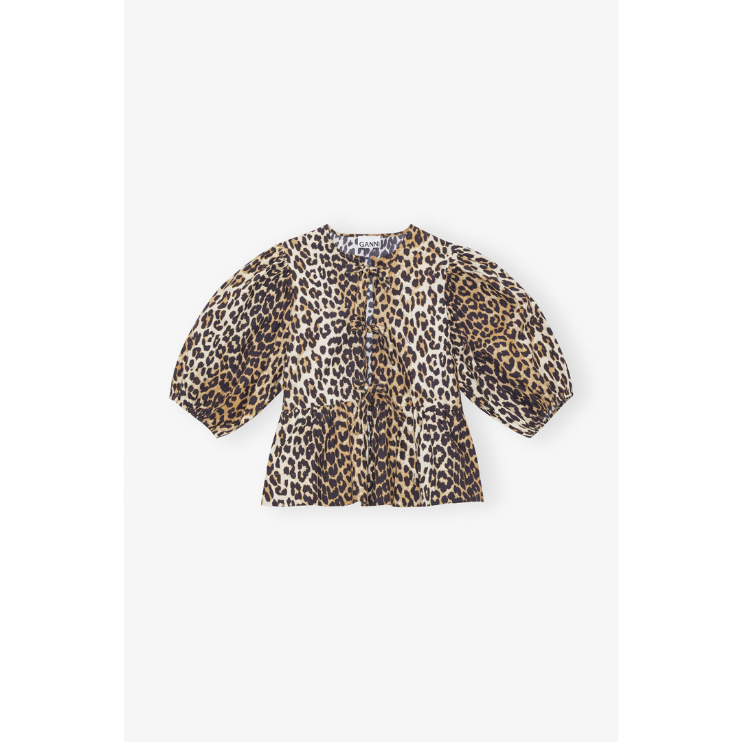 Leopard Cotton Poplin Peplum Tie Blouse