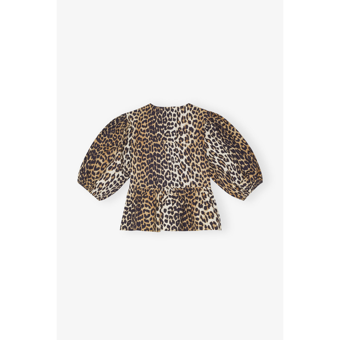 Leopard Cotton Poplin Peplum Tie Blouse