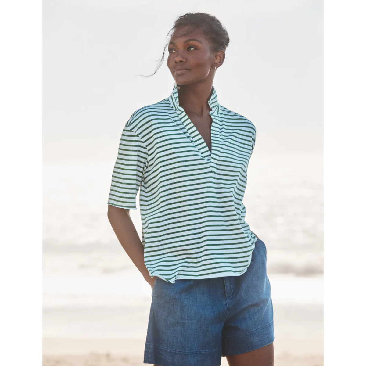 Patty Short Sleeve Popover Henley - Green and White Stripe