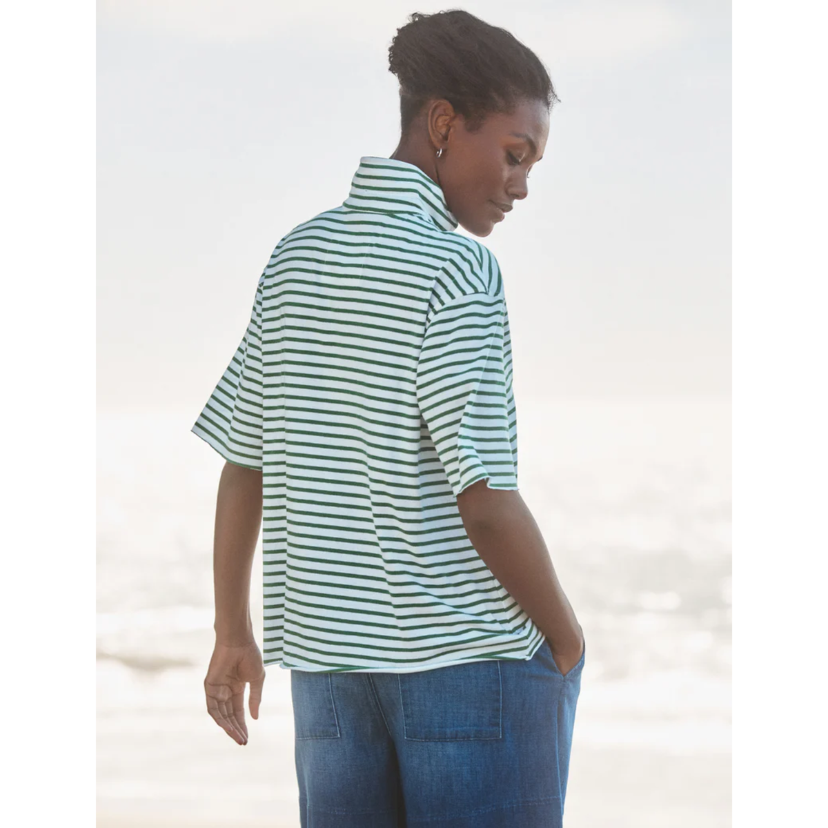Patty Short Sleeve Popover Henley - Green and White Stripe