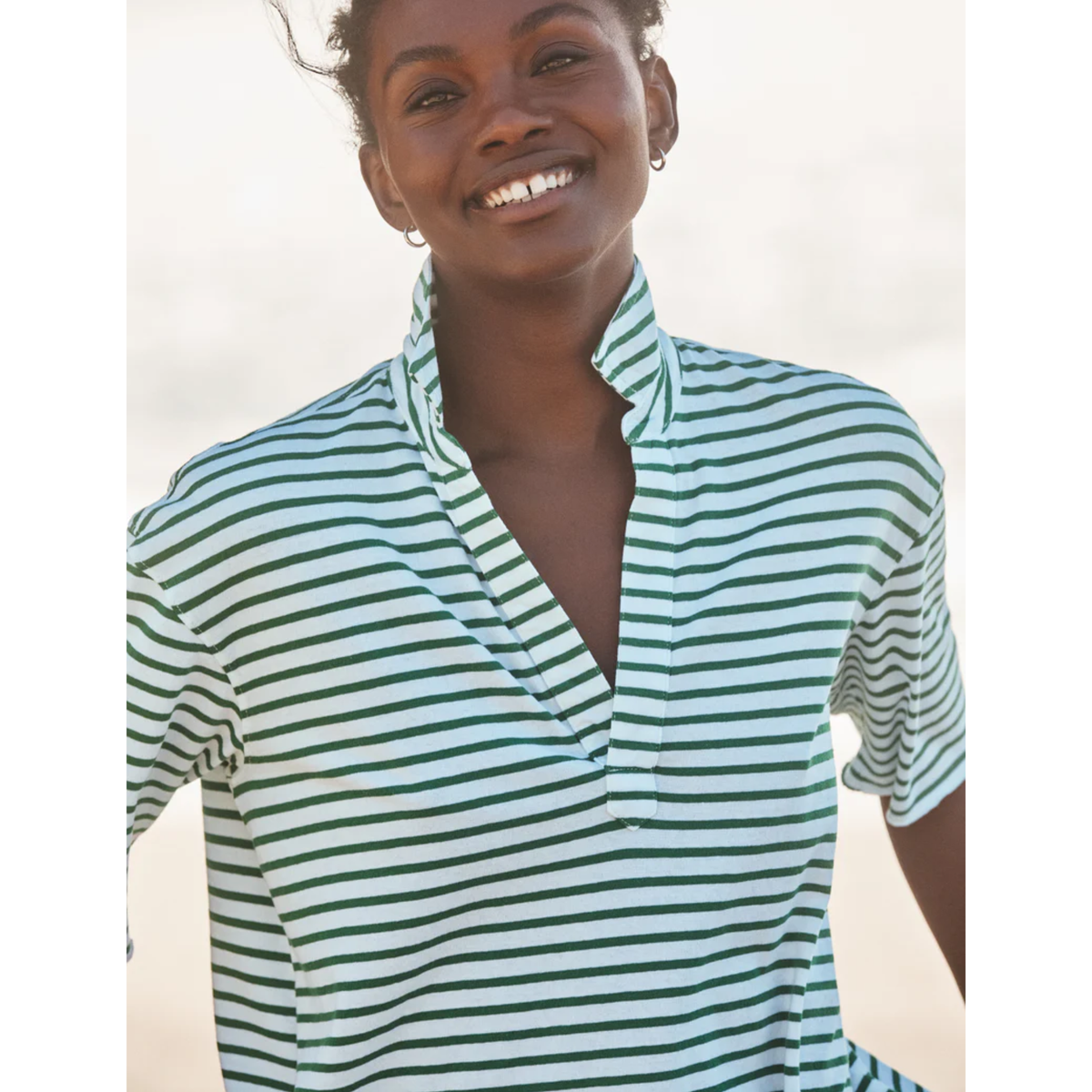 Patty Short Sleeve Popover Henley - Green and White Stripe