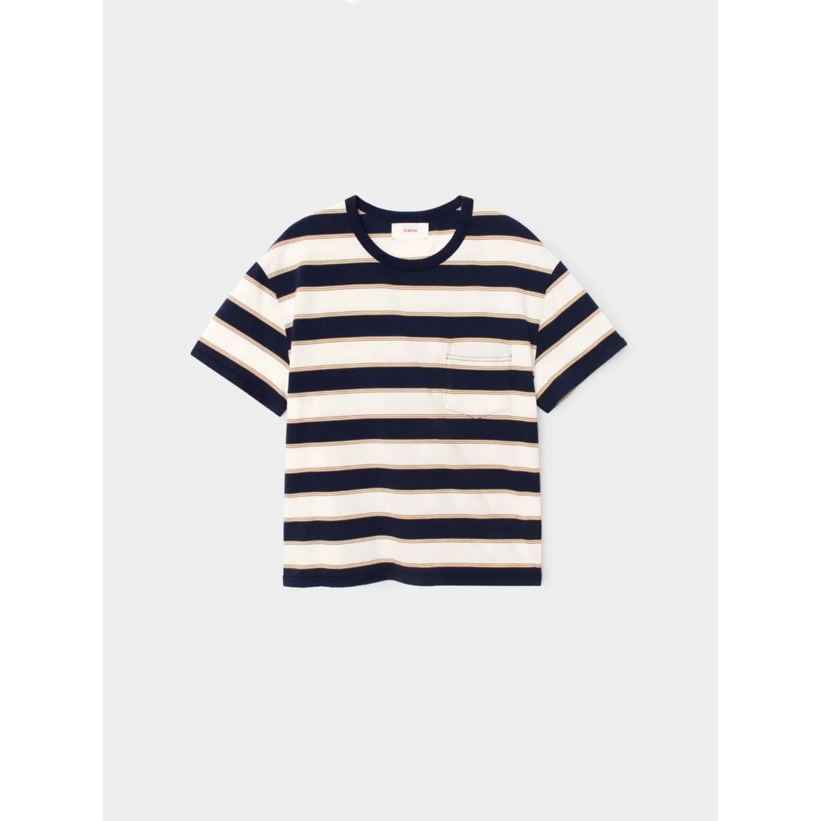 A short-sleeve crewneck t-shirt with horizontal navy blue and cream stripes, featuring a small chest pocket on the left side, displayed flat against a light gray background.