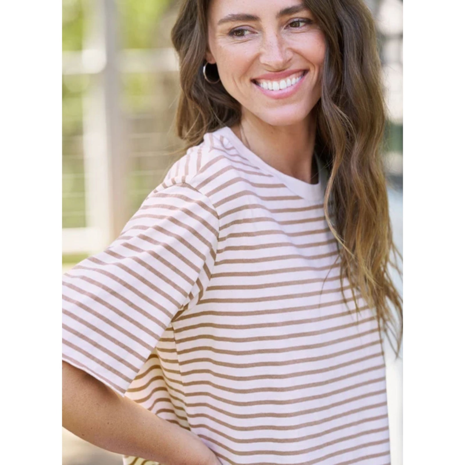 Front product view of the Frank & Eileen Perry NYC Crewneck Tee in Vintage White and Camel Stripe—a short-sleeve relaxed-fit t-shirt with fine horizontal stripes set against a plain white background.
