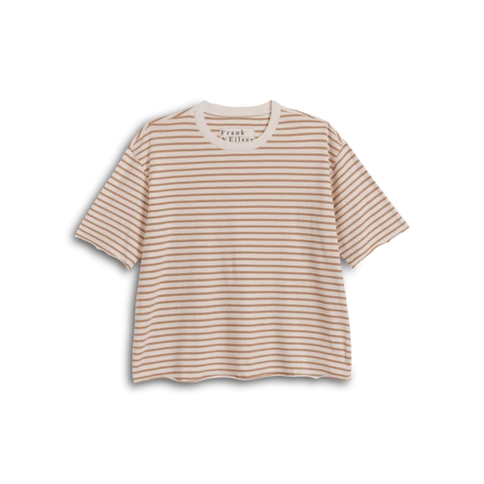 Front product view of the Frank & Eileen Perry NYC Crewneck Tee in Vintage White and Camel Stripe—a short-sleeve relaxed-fit t-shirt with fine horizontal stripes set against a plain white background.