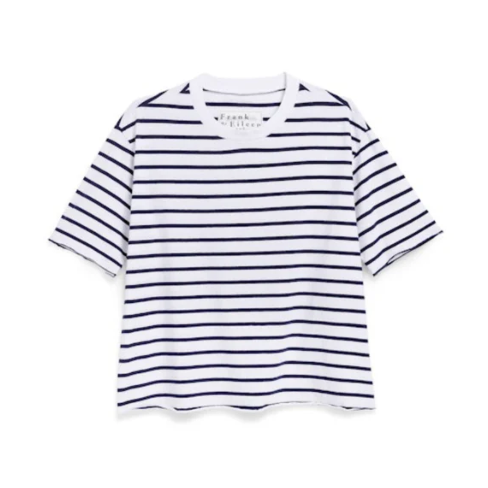 Navy and white striped tee on a white background.