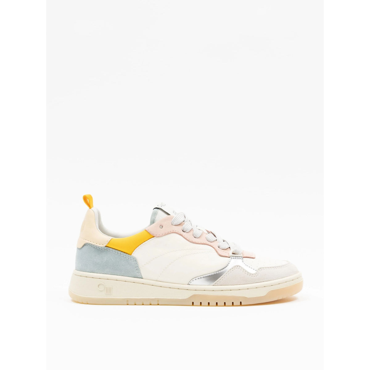A low-top sneaker in a cream, light blue, and pale pink colorway with yellow accents, shown from a side profile on a white background.