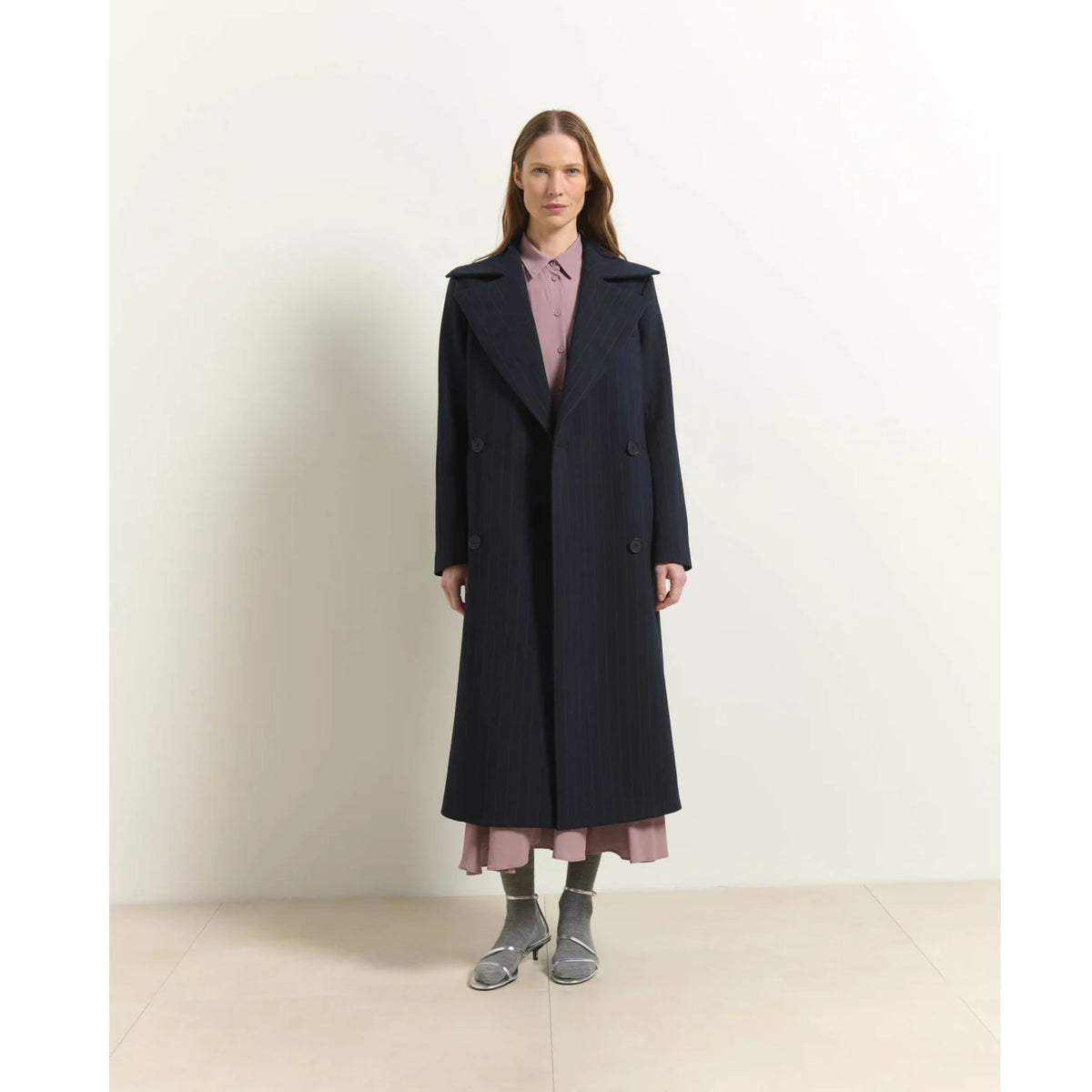 Pinstripe Long Double-Breasted Coat - Dark Navy