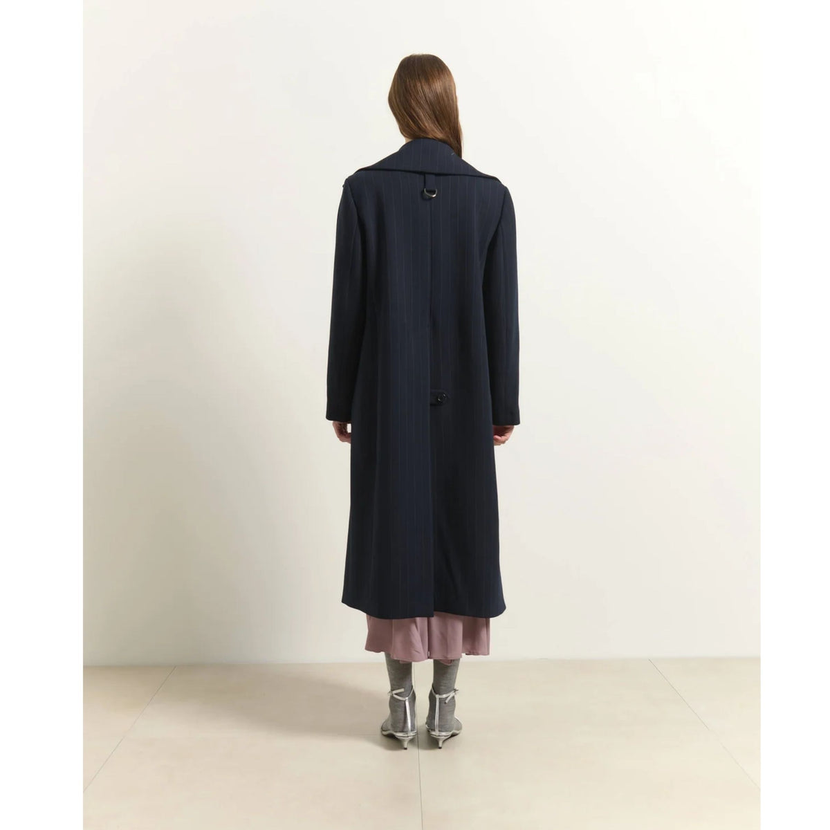 Pinstripe Long Double-Breasted Coat - Dark Navy