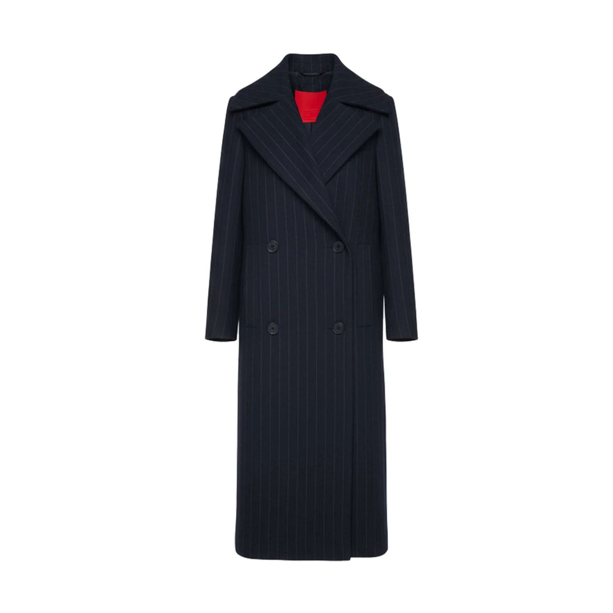 Pinstripe Long Double-Breasted Coat - Dark Navy