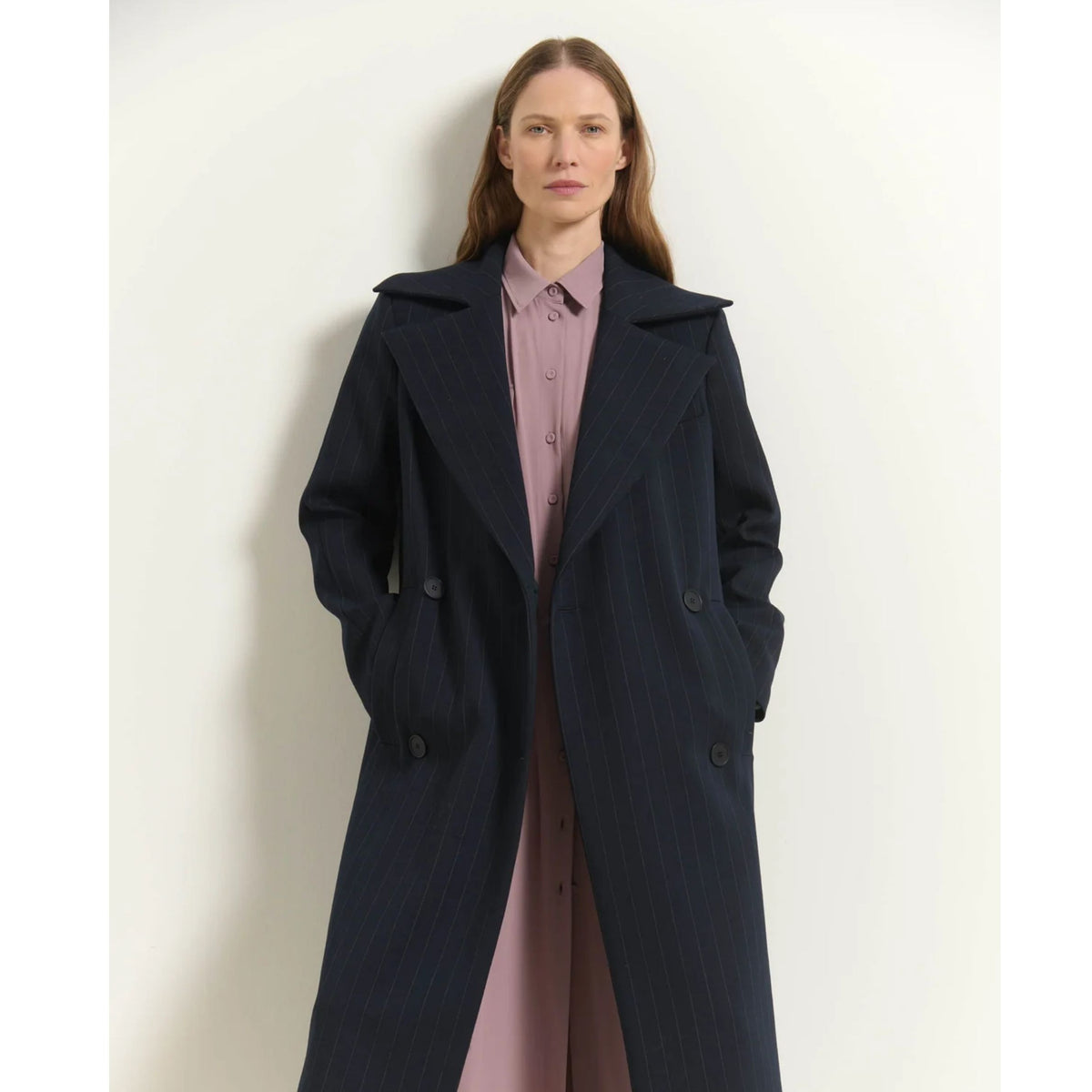 Pinstripe Long Double-Breasted Coat - Dark Navy