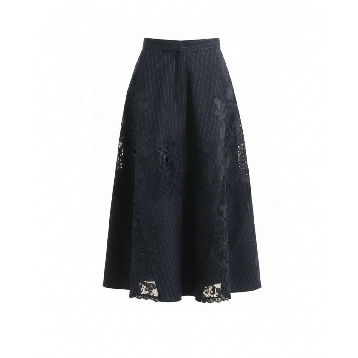 Pinstripe Midi Skirt With Lace - Dark Blue
