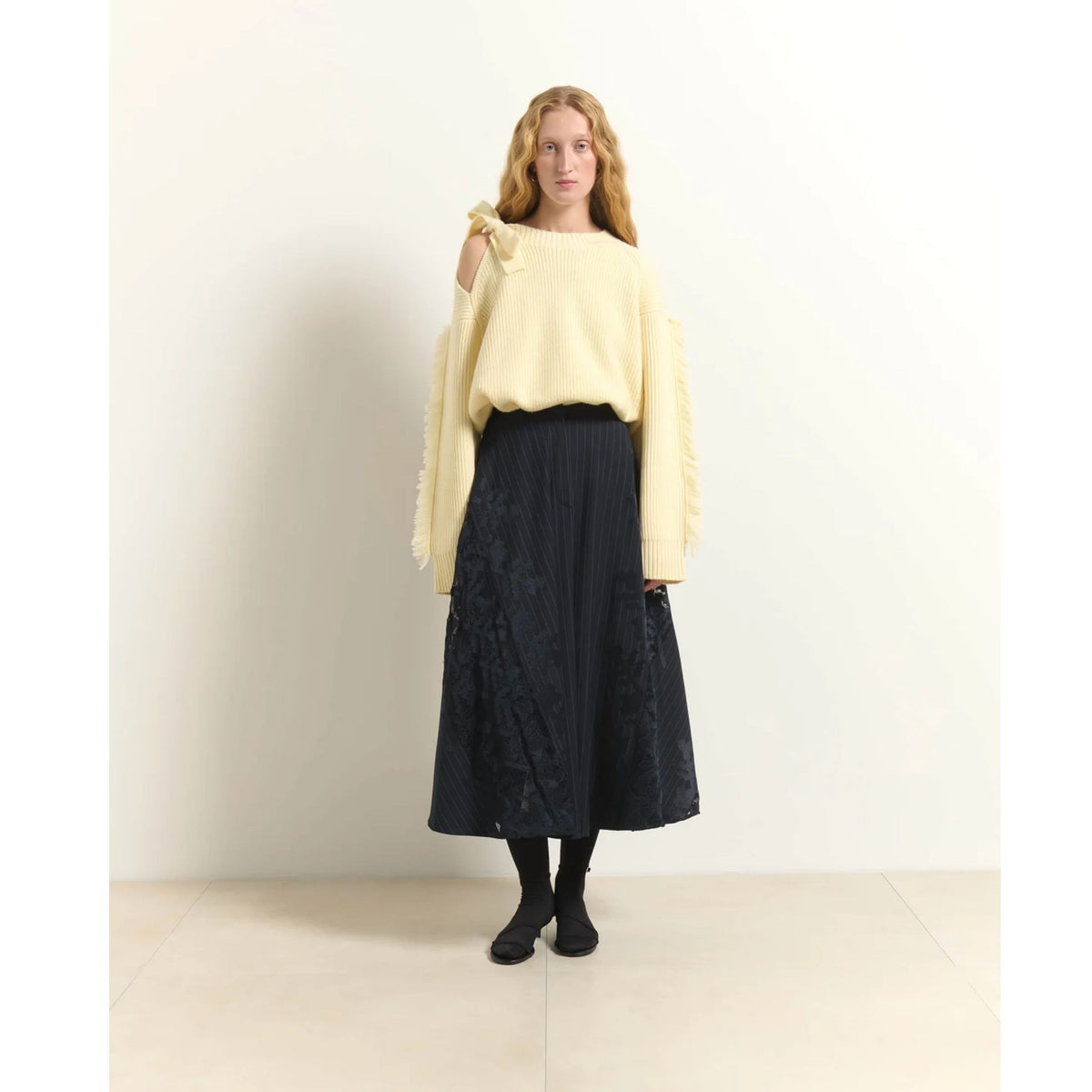 Pinstripe Midi Skirt With Lace - Dark Blue