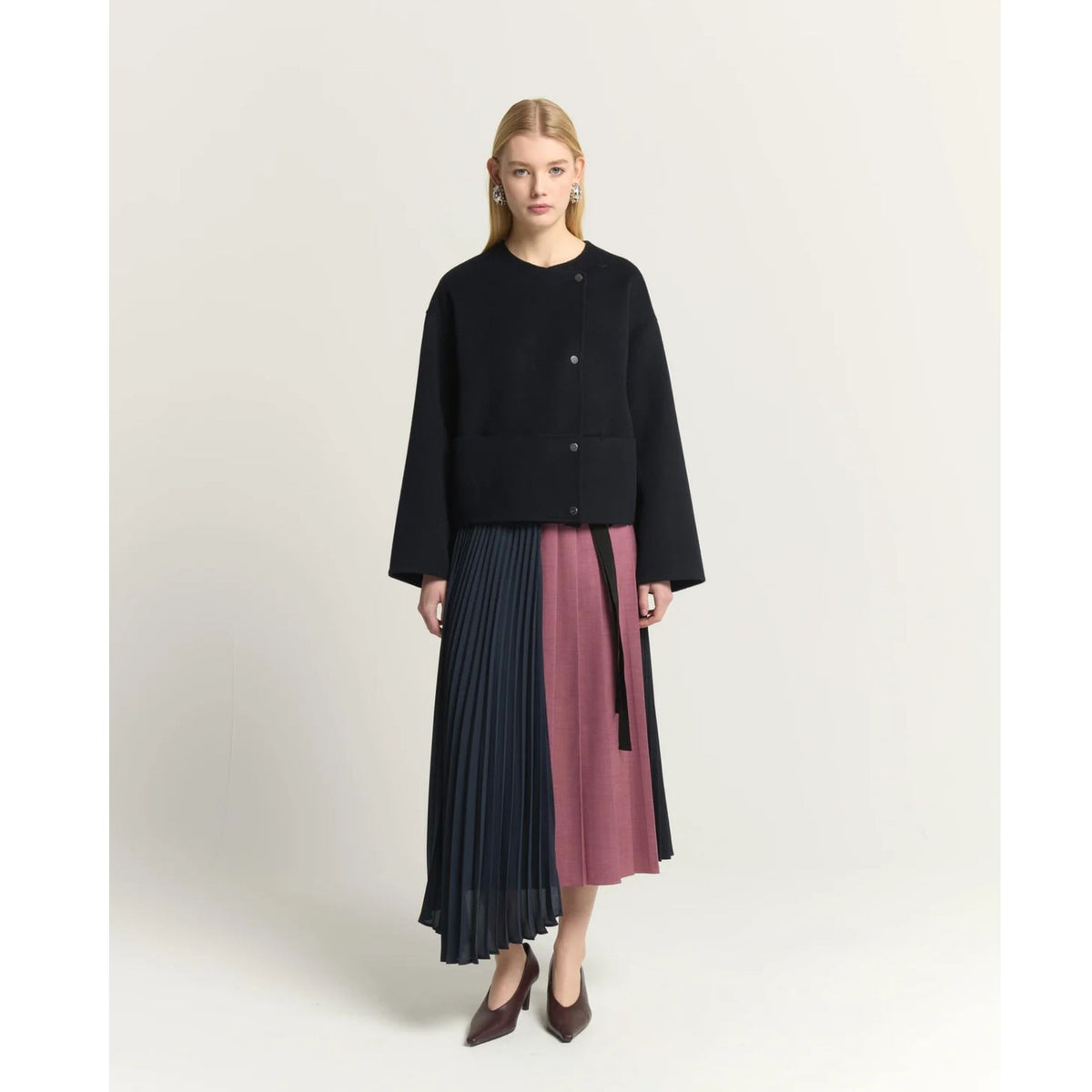 Pleated Midi Skirt With Panels - Dark Pink