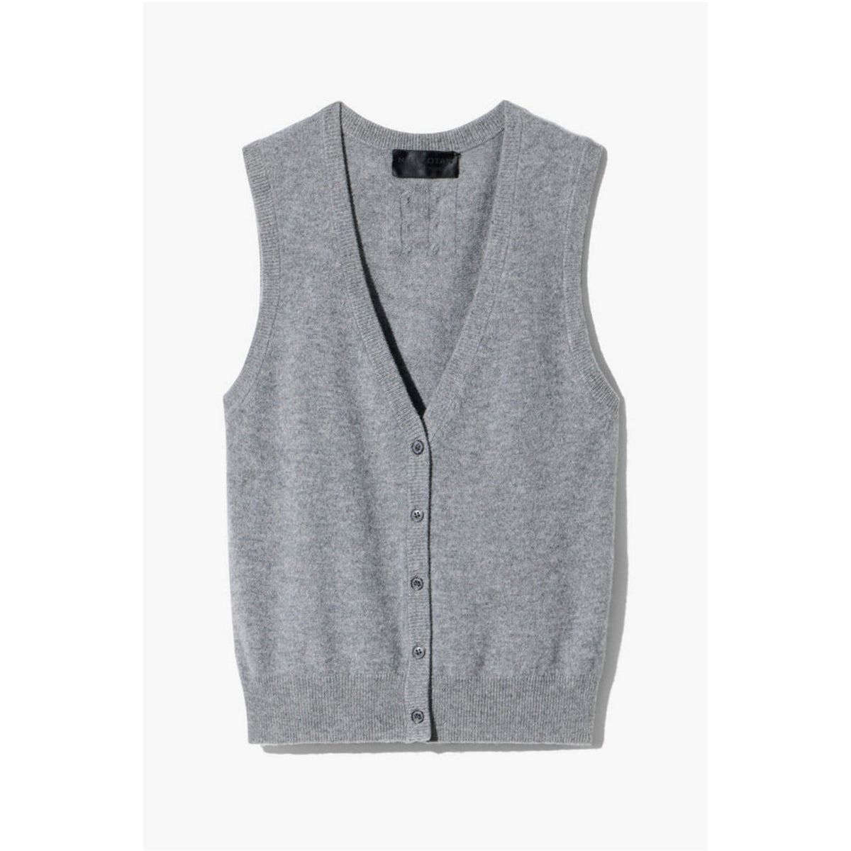 A light gray heather knit cardigan vest with a V-neck and button-front closure, shown flat against a light gray background.