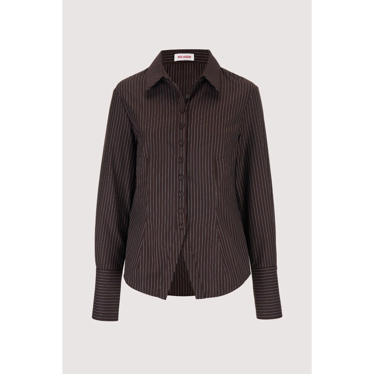 A dark brown long-sleeve button-up shirt with thin vertical dark stripes, displayed on a neutral light gray background.