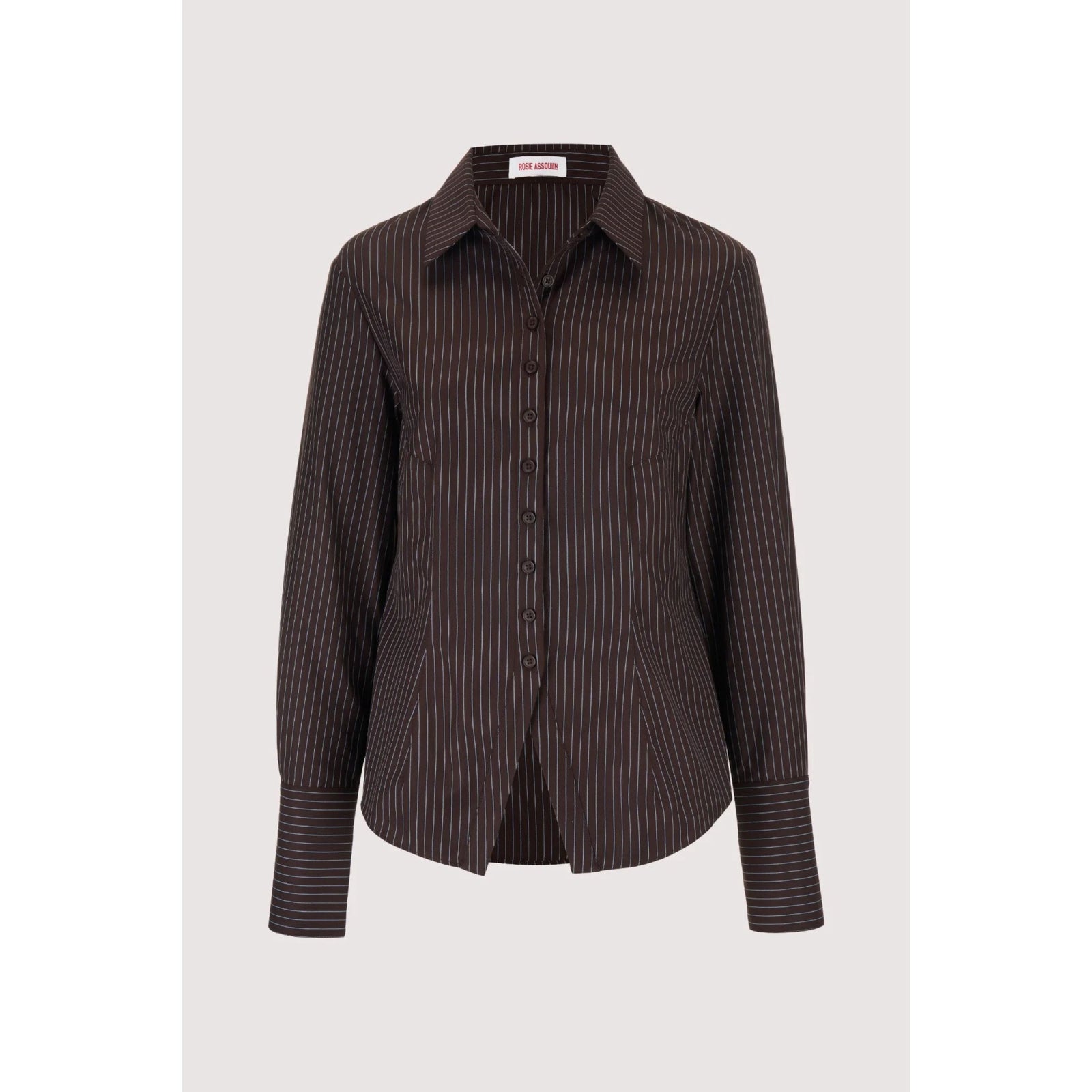 A dark brown long-sleeve button-up shirt with thin vertical dark stripes, displayed on a neutral light gray background.