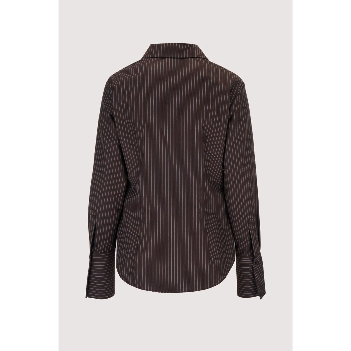 A dark brown long-sleeve button-up shirt with thin vertical pinstripes, shown from the back against a light gray background.
