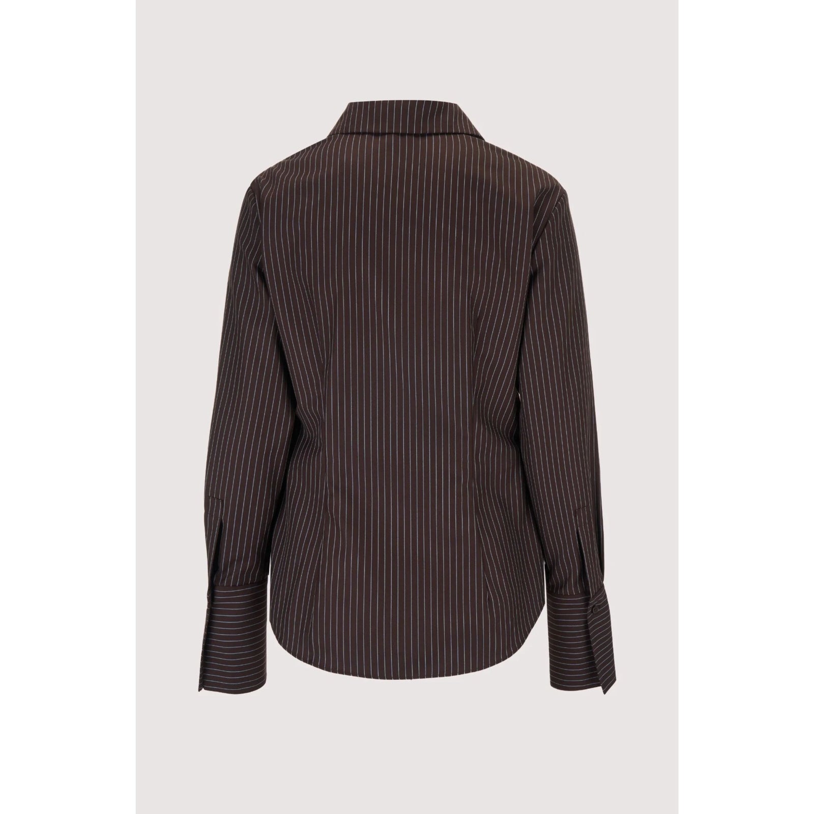 A dark brown long-sleeve button-up shirt with thin vertical dark stripes, displayed on a neutral light gray background.
