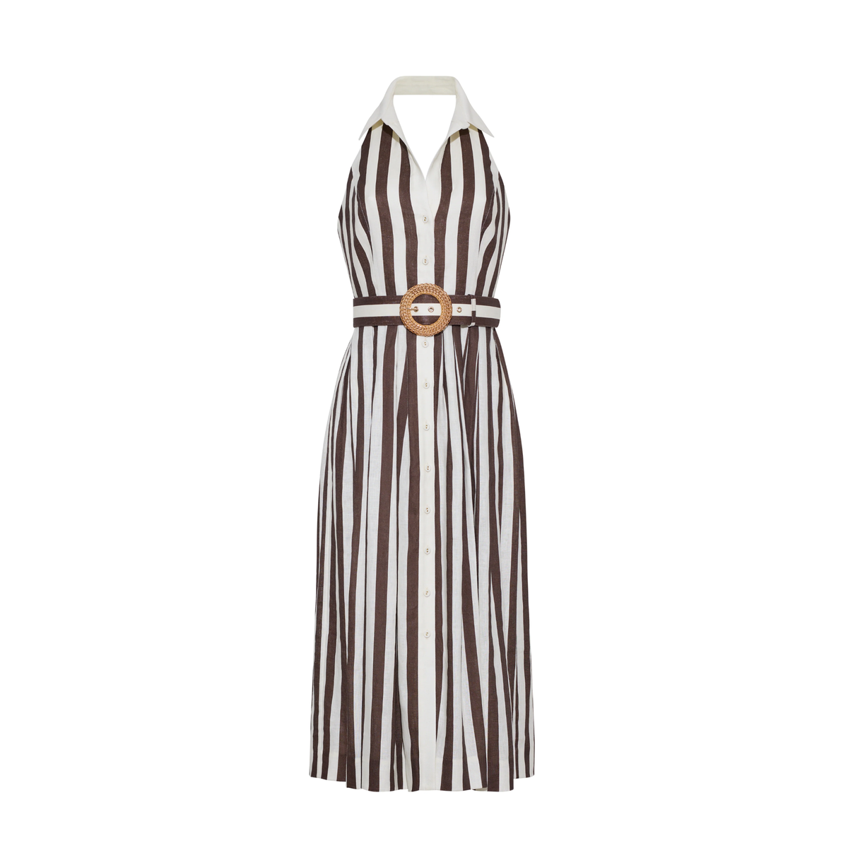 A sleeveless halter-neck midi dress with vertical brown and white stripes, featuring a matching thin belt with a round wooden-style buckle at the waist, shown on a plain white background.