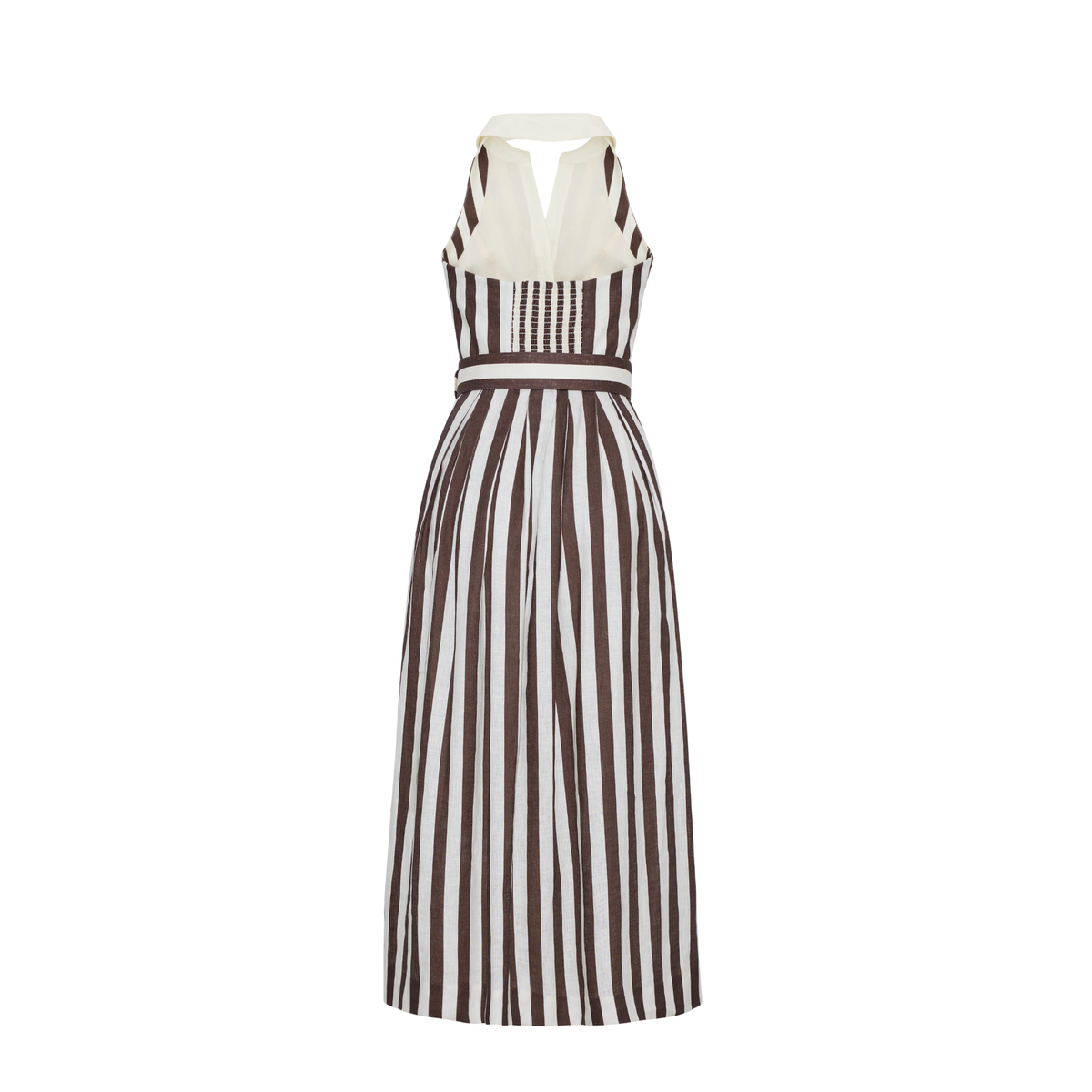 A sleeveless halter-neck maxi dress with vertical brown and off-white stripes, featuring a structured bodice and a matching waist belt, shown on a plain white background.