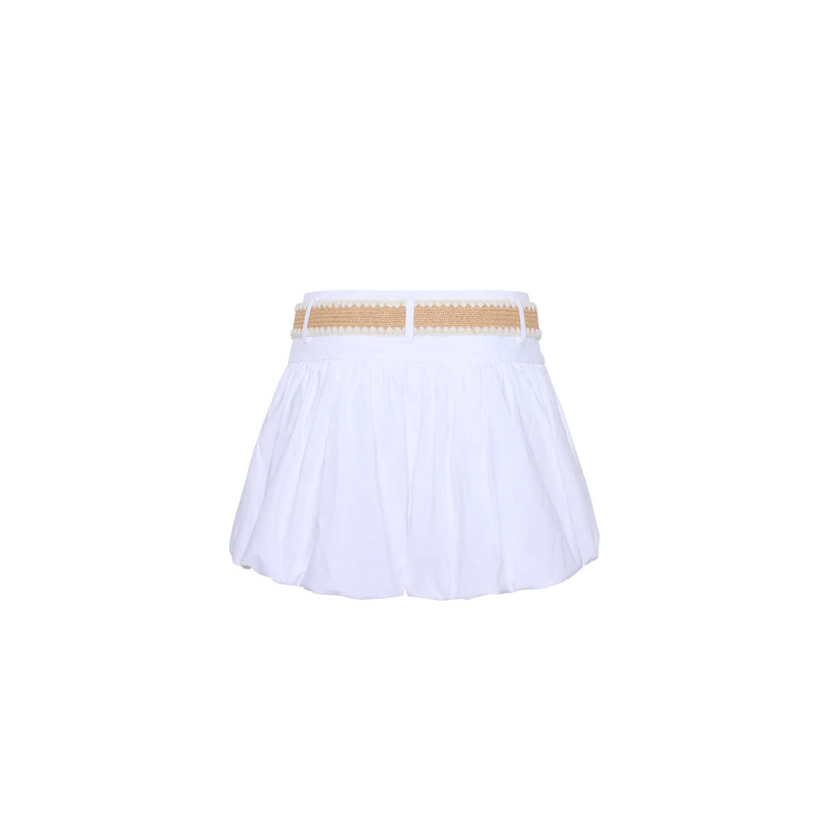 White pleated skirt with a gold waistband on a white background