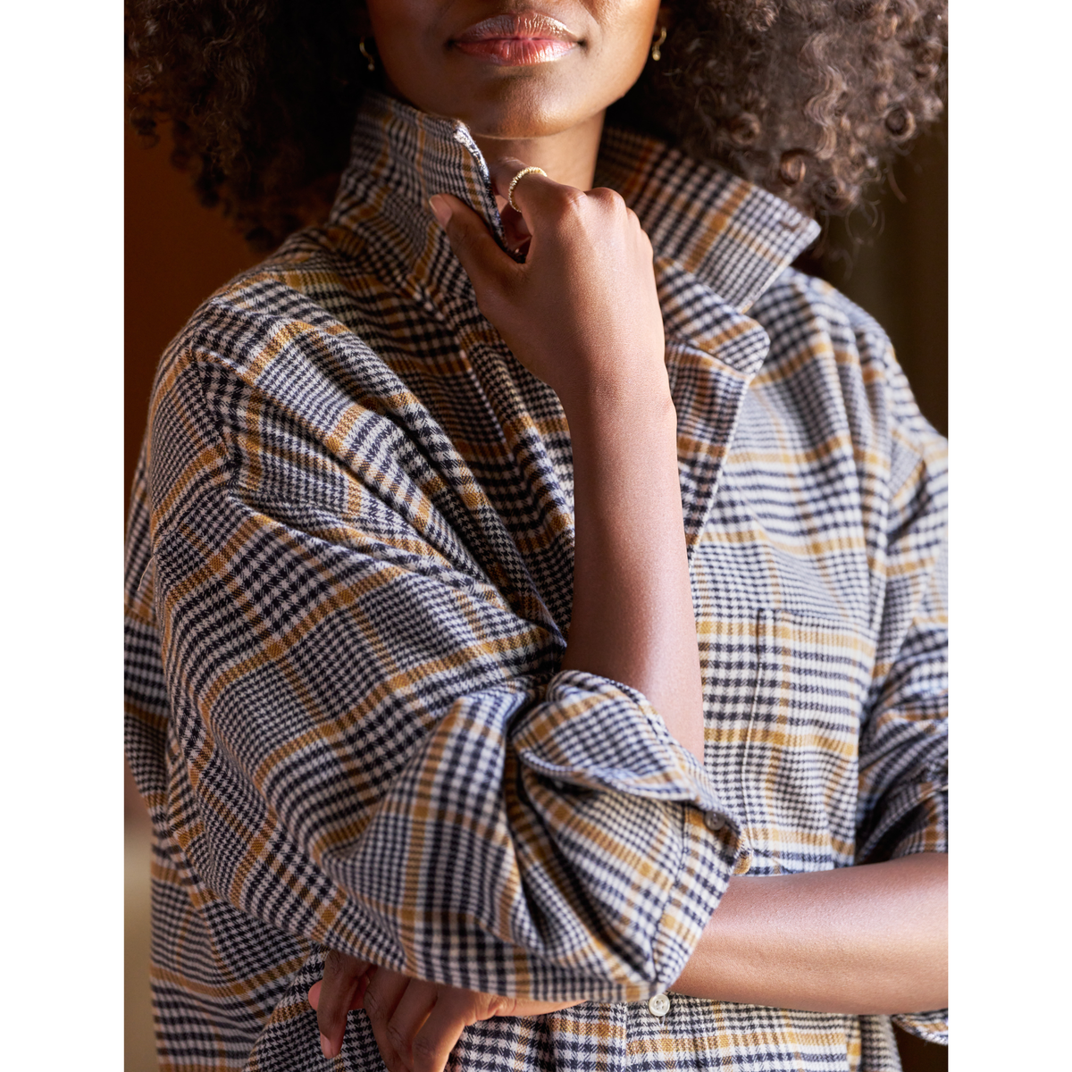 Eileen Relaxed Button Up - Camel Black Plaid