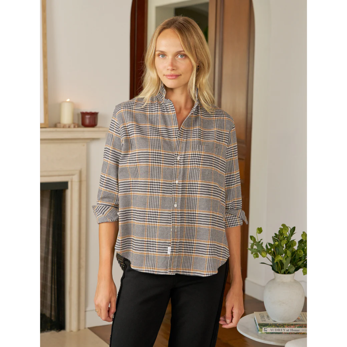 Eileen Relaxed Button Up - Camel Black Plaid