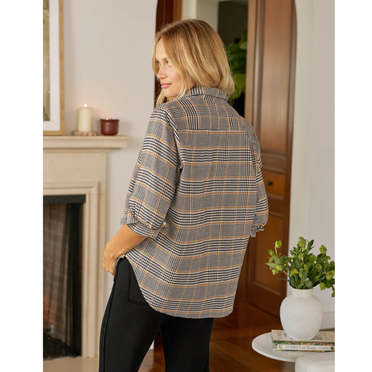 Eileen Relaxed Button Up - Camel Black Plaid