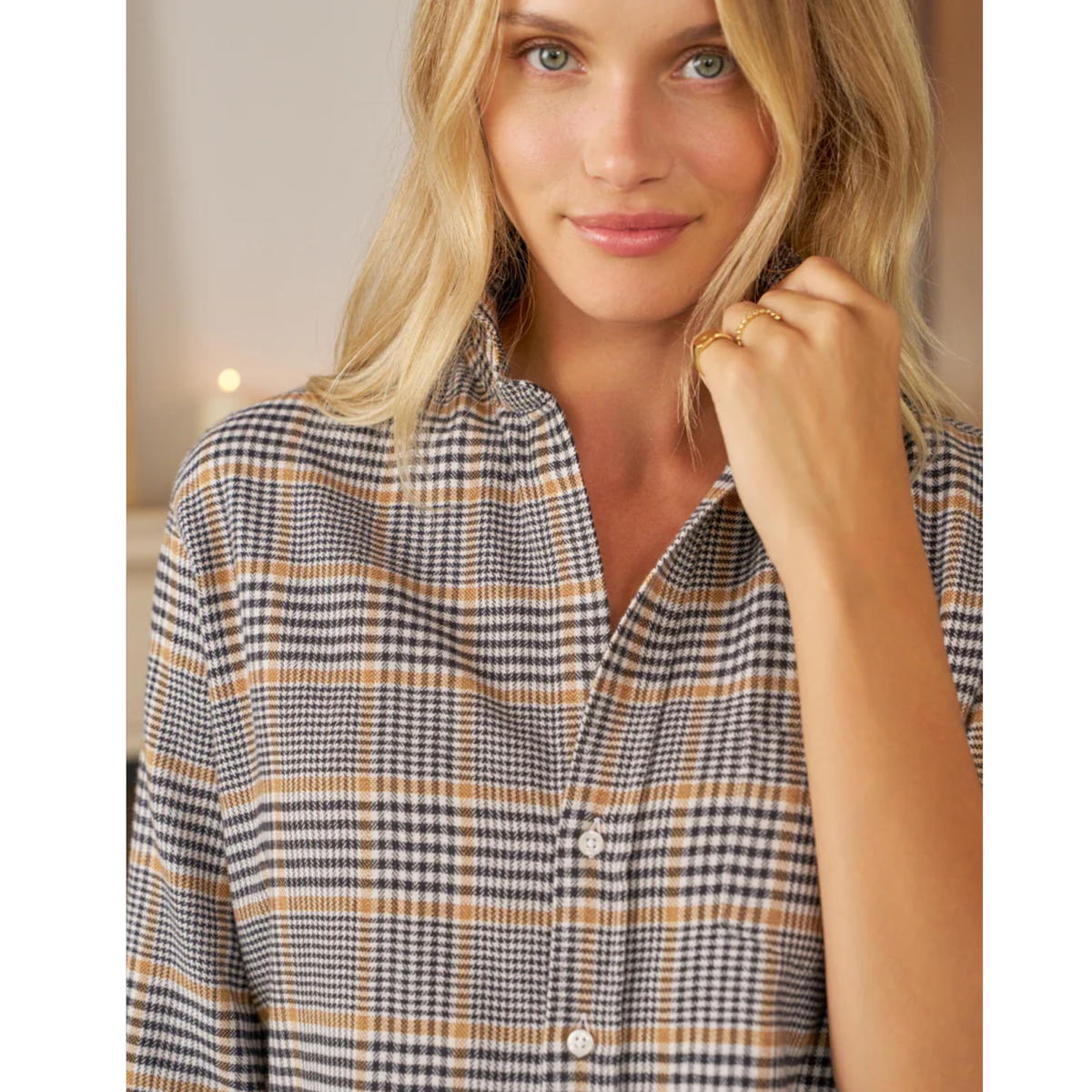 Eileen Relaxed Button Up - Camel Black Plaid