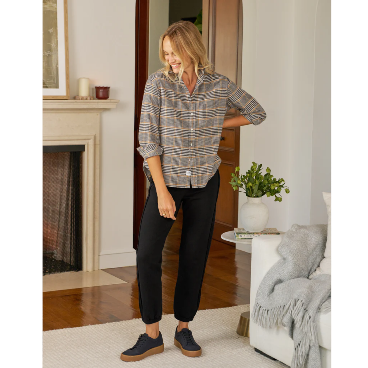 Eileen Relaxed Button Up - Camel Black Plaid