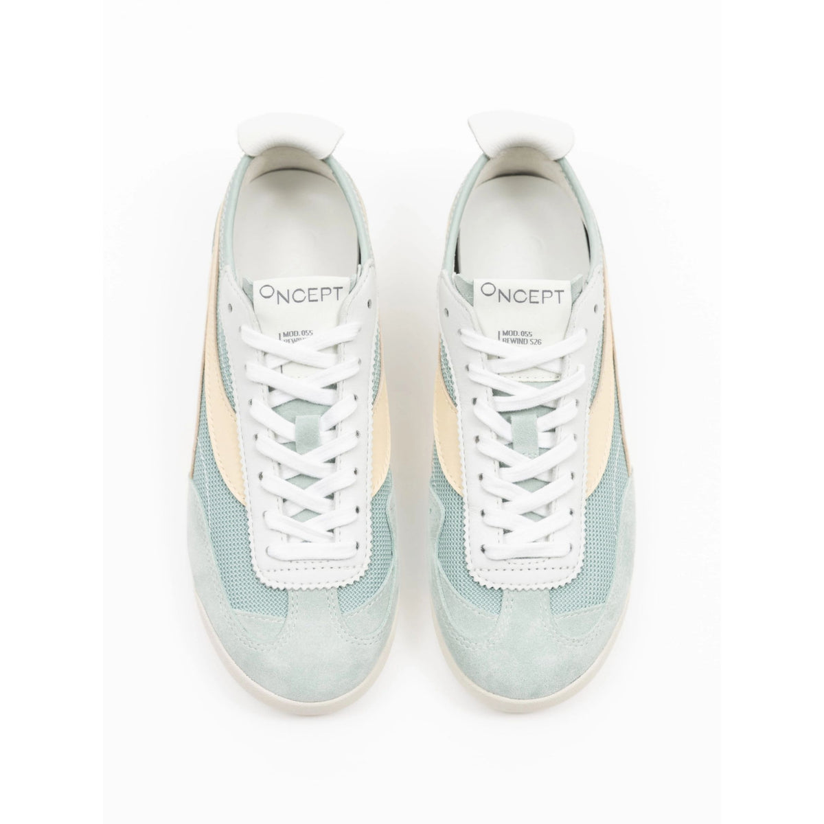 A pair of Oncept sneakers in a pastel colorway featuring mint green, cream, and white panels, shown from a top-down view on a white background.