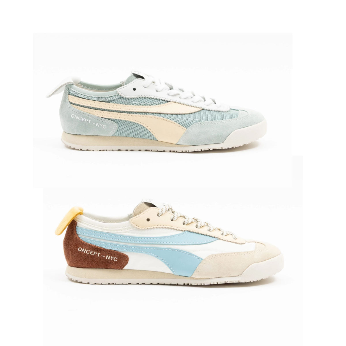 Two low-top sneakers shown side by side on a white background. The top shoe is light blue, cream, and white with a beige side stripe.