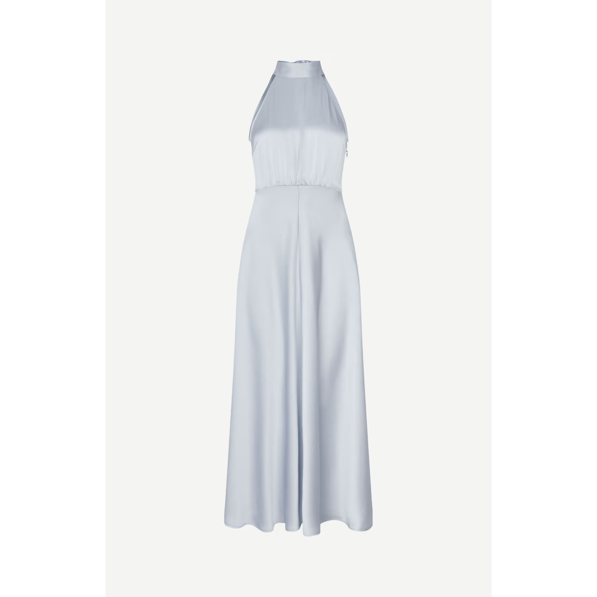 A light blue halter-neck maxi dress with a gathered bodice and flowing skirt, shown against a plain off-white background.