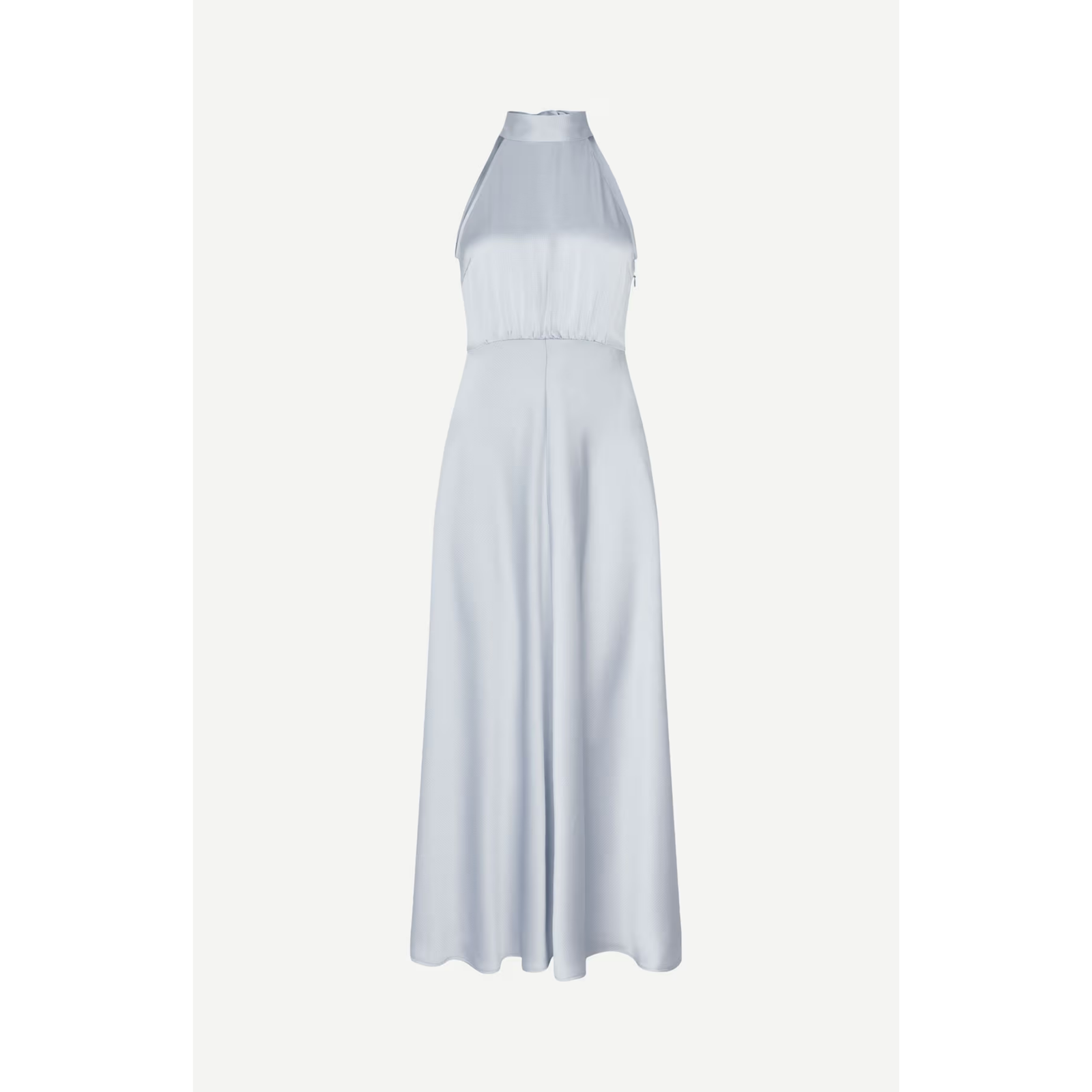 A light blue halter-neck maxi dress with a gathered bodice and flowing skirt, shown against a plain off-white background.
