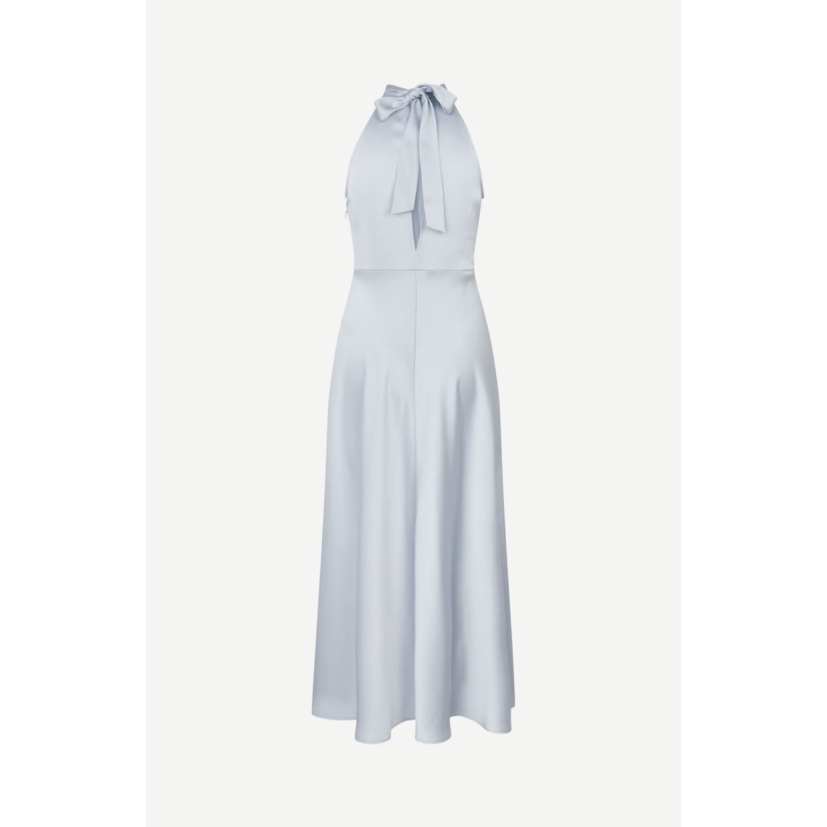A light blue halter-neck midi dress with a bow detail at the neckline, displayed on a clean off-white background.
