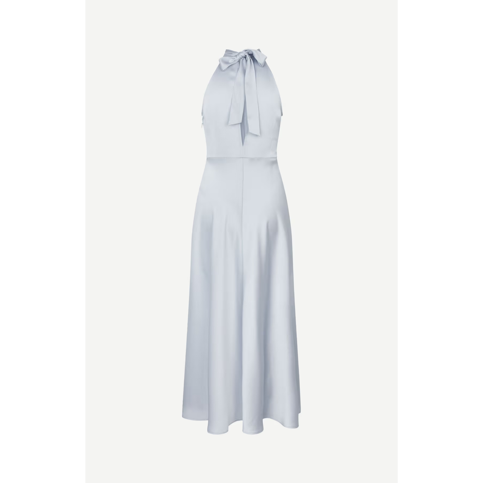 A light blue halter-neck maxi dress with a gathered bodice and flowing skirt, shown against a plain off-white background.