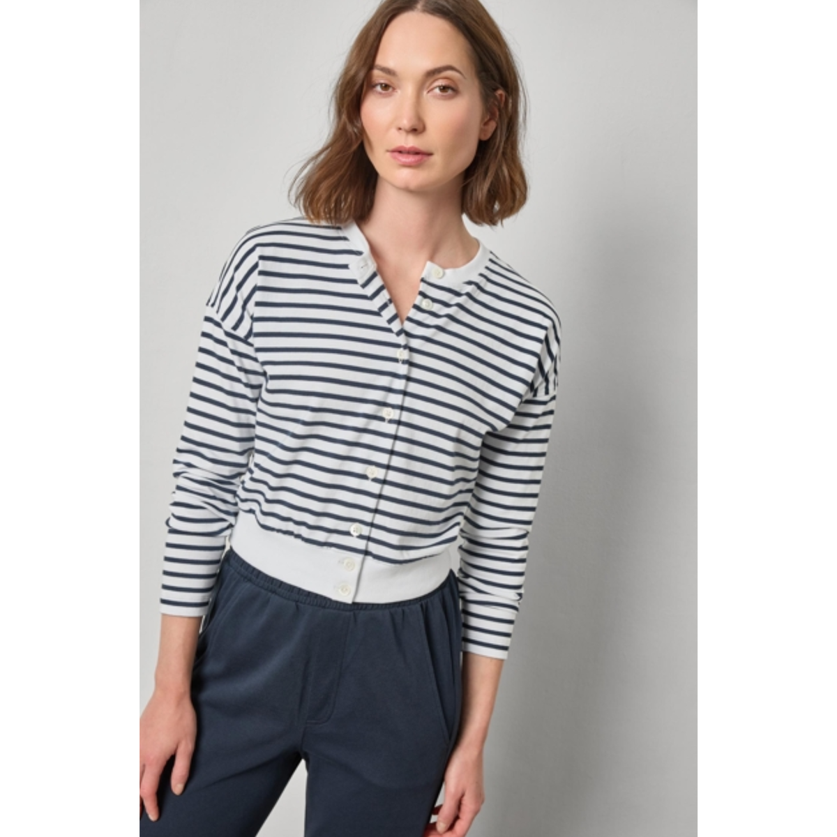 Rib Trim Cardigan - Navy Stripe
