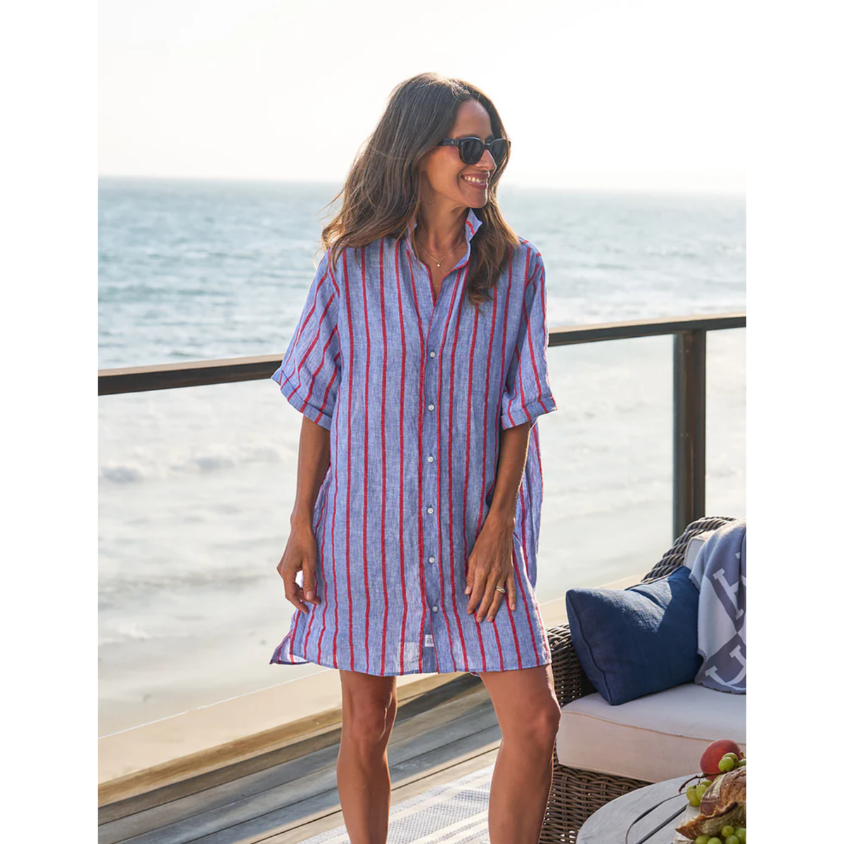 Rosemary Short-Sleeve Shirtdress - Blue And Red Textured Stripe