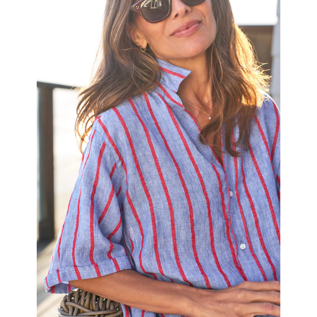 Rosemary Short-Sleeve Shirtdress - Blue And Red Textured Stripe