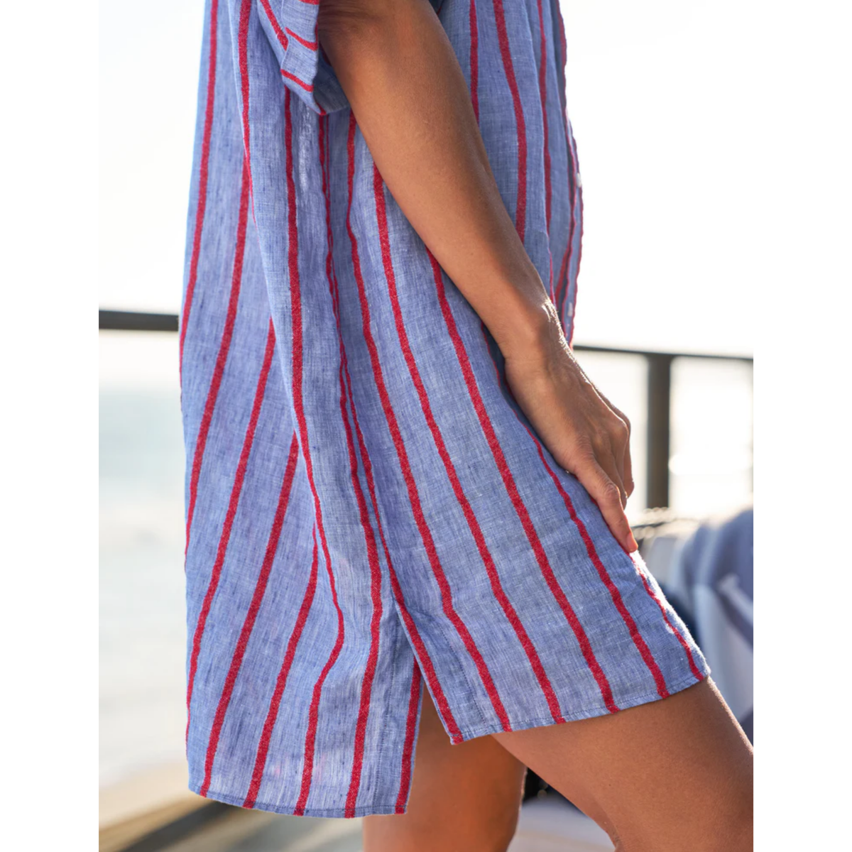 Rosemary Short-Sleeve Shirtdress - Blue And Red Textured Stripe
