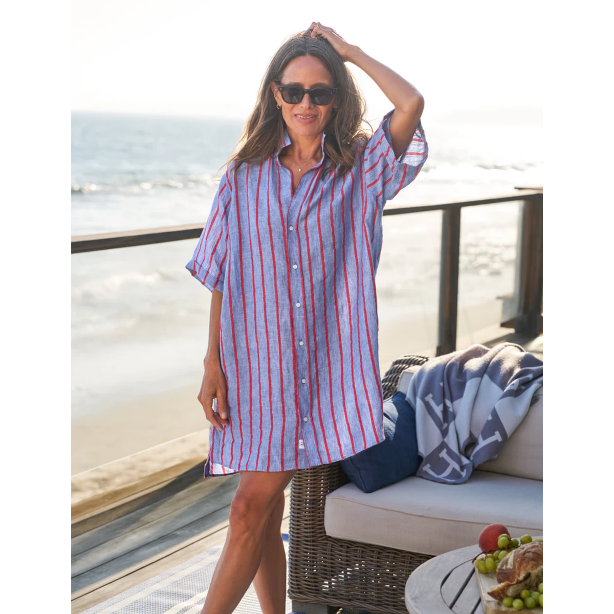 Rosemary Short-Sleeve Shirtdress - Blue And Red Textured Stripe