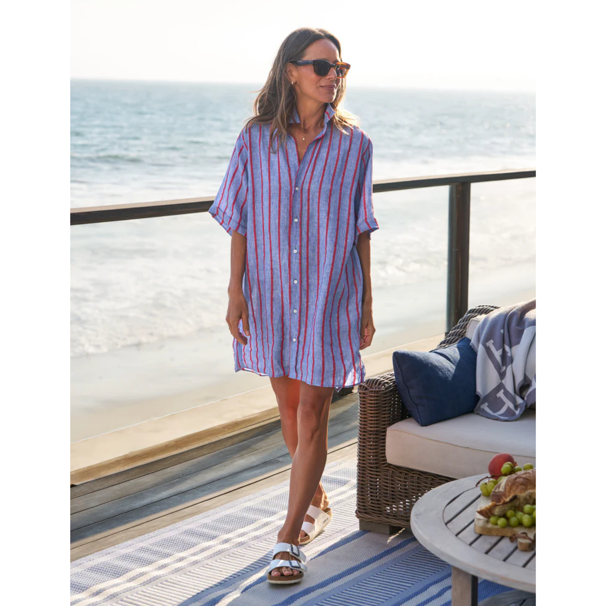 Rosemary Short-Sleeve Shirtdress - Blue And Red Textured Stripe