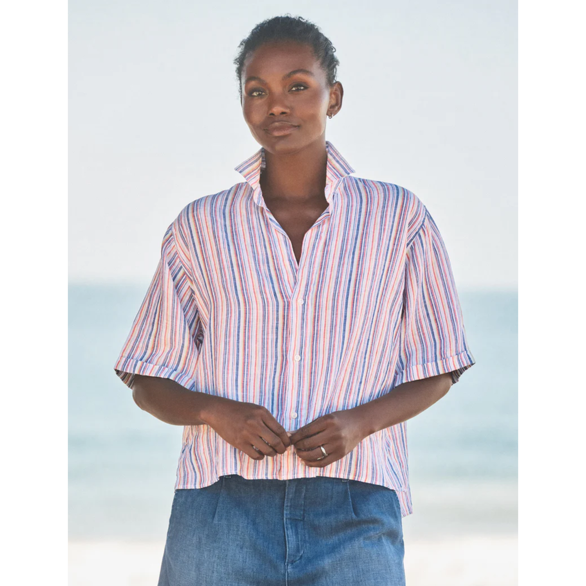 Rosie Short Sleeve Button-Up - Multi Stripe