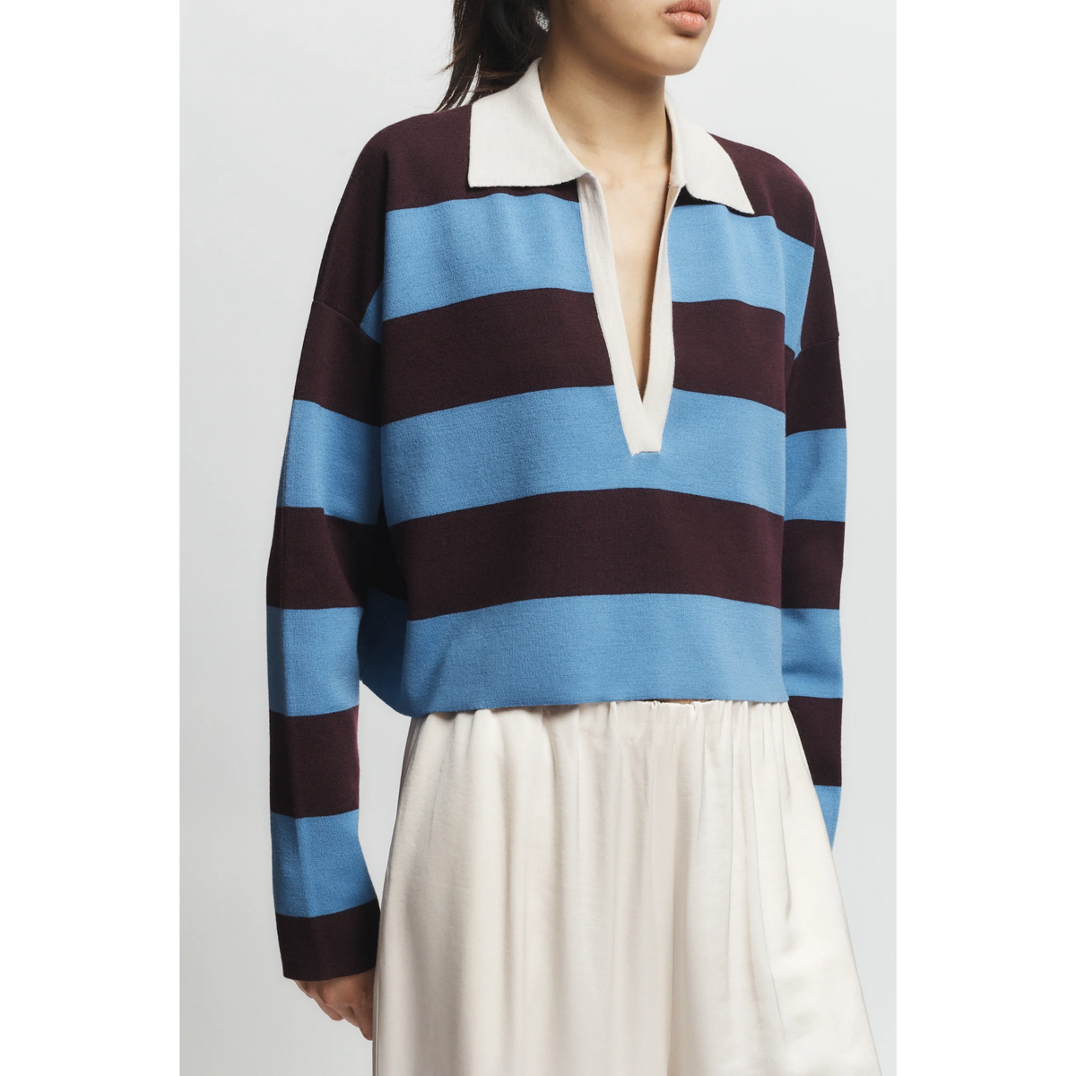Samira Striped Knit Polo - Burgyndy/Blue