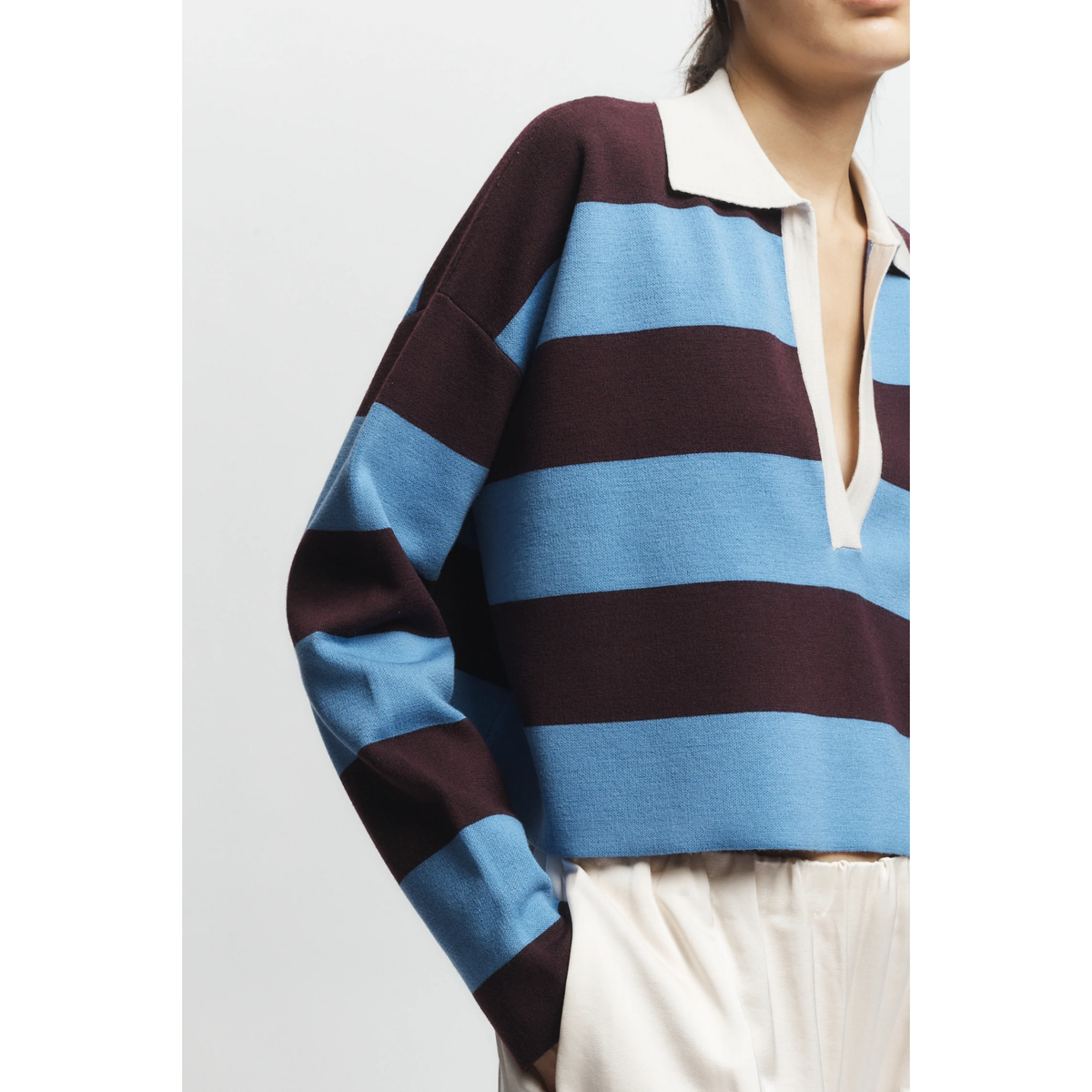 Samira Striped Knit Polo - Burgyndy/Blue