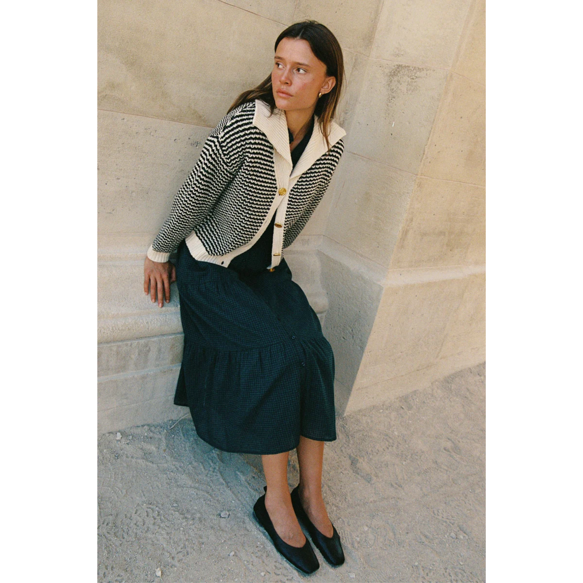 Savannah Cardigan - Antique White & Black Stripe