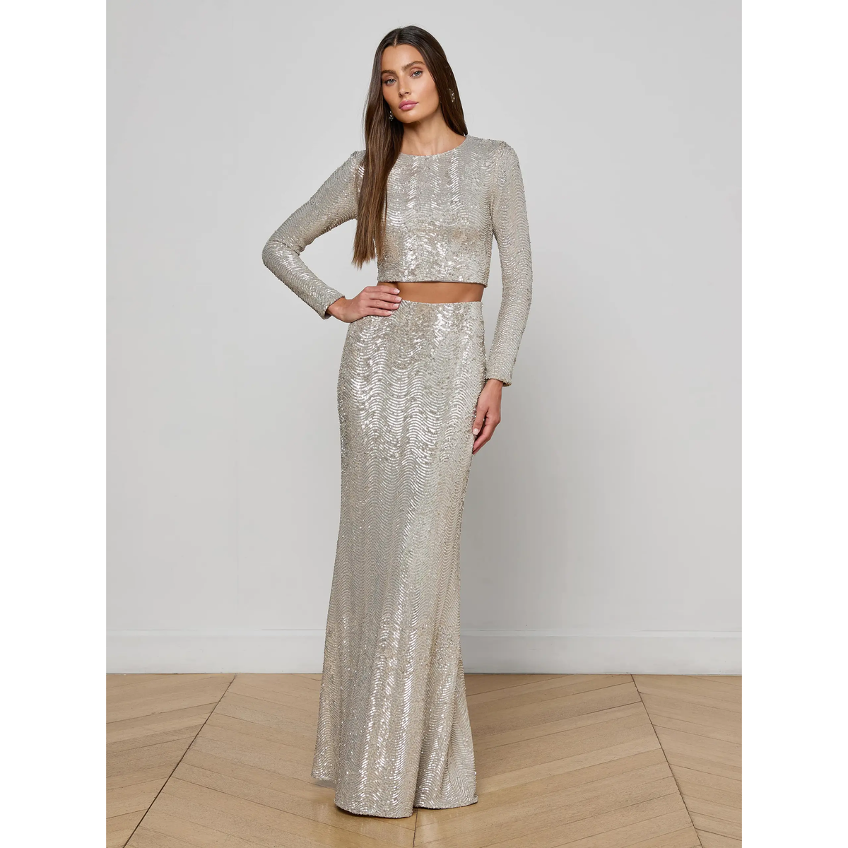Sequin Maxi Skirt - Silver Sequin Swirl