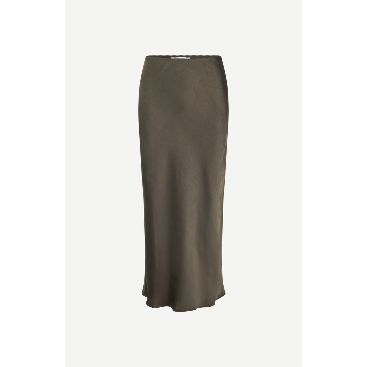 A dark brown, knee-length knit skirt with a subtle sheen, displayed on a clean, light off-white background.