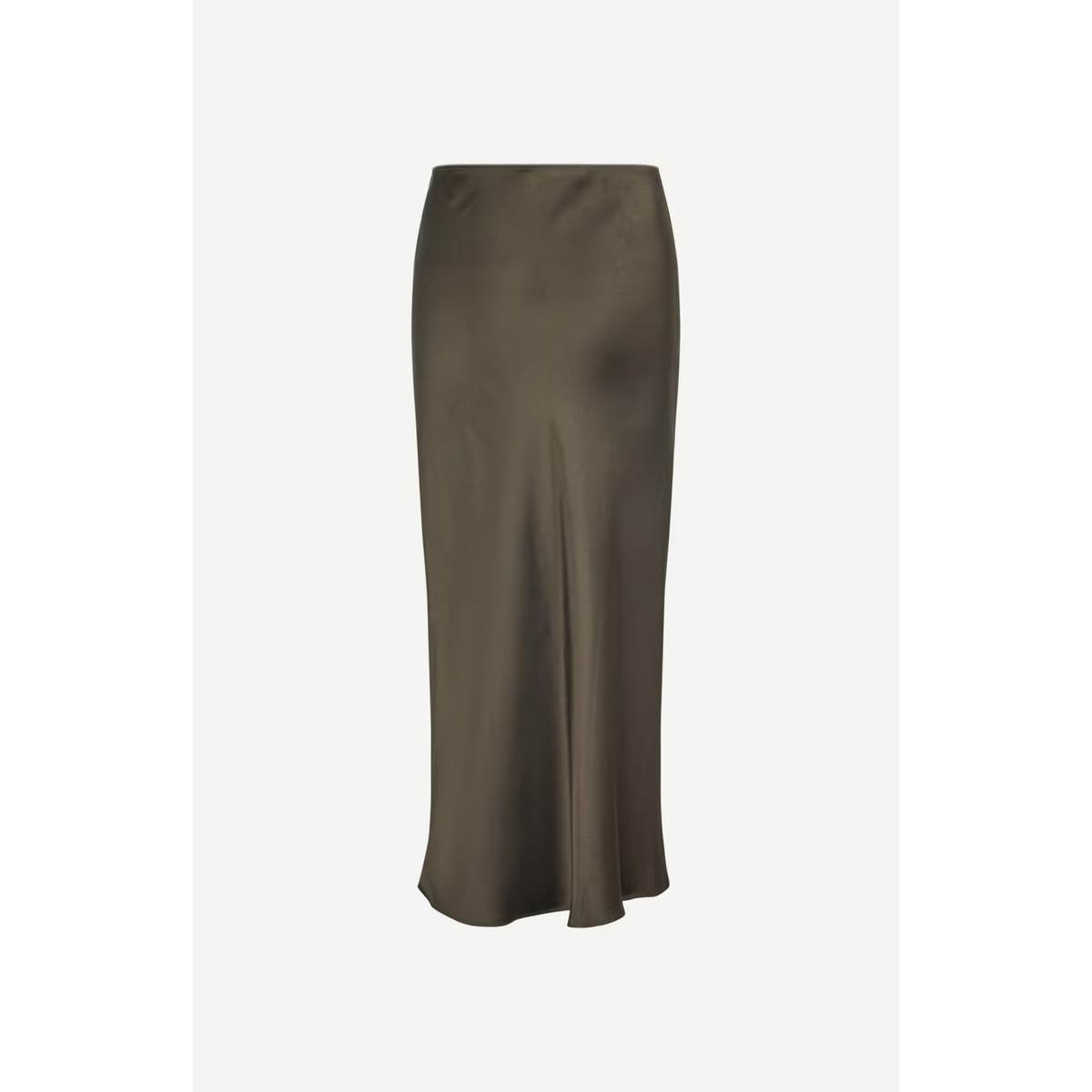 A dark brown satin midi skirt with a subtle sheen, displayed on a clean off-white background.