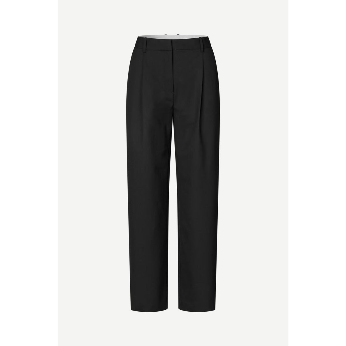 Black wide-leg cropped trousers with front pleats, shown flat against a light gray background.